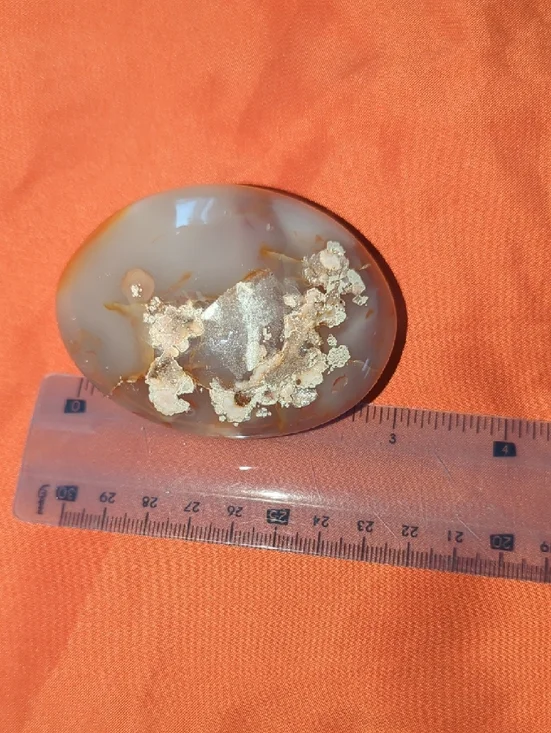 XL Polished Cherry Blossom Agate Palm Stone - Cream & Orange Accents 3" Wide - Picture 4 of 4